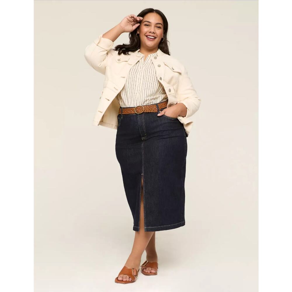 Lane Bryant Jean Skirt Size 14 Dark Wash Small Slit Knee Length NormCore Modest
